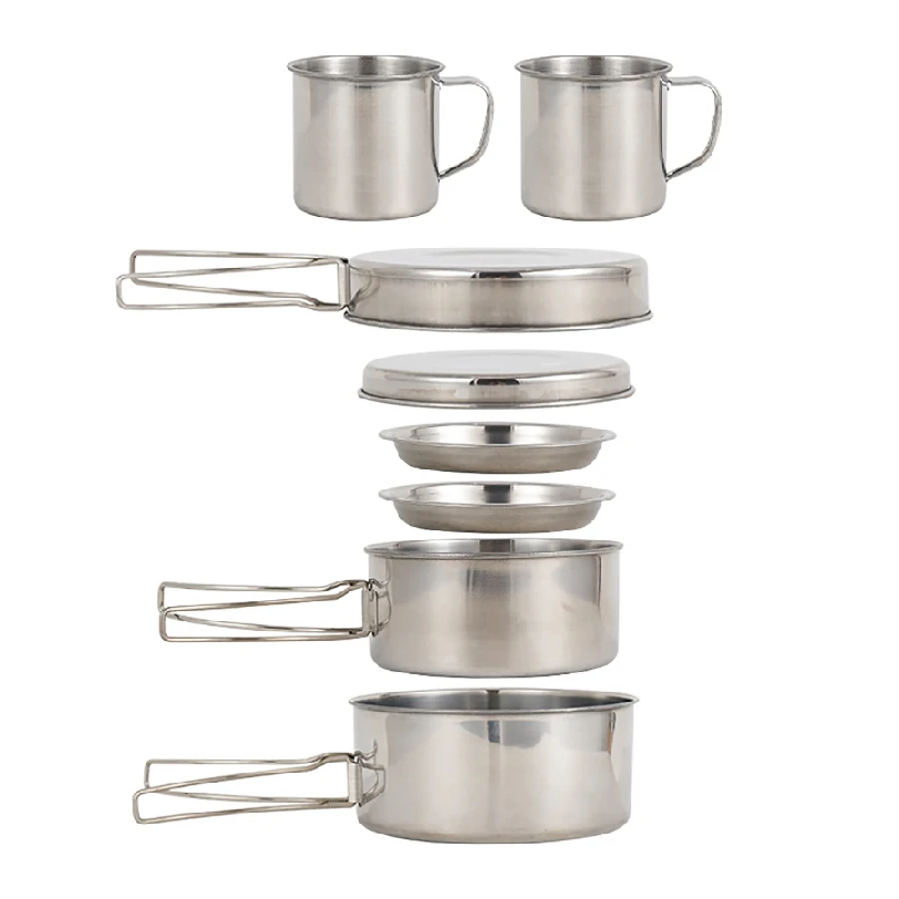 Camping Cooking Disc - 8 ชิ้น/เซ็ต ชุดเครื่องครัวสำหรับตั้งแคมป์ ชุดหม้อและกระทะสแตนเลส พร้อมจาน ถ้วย