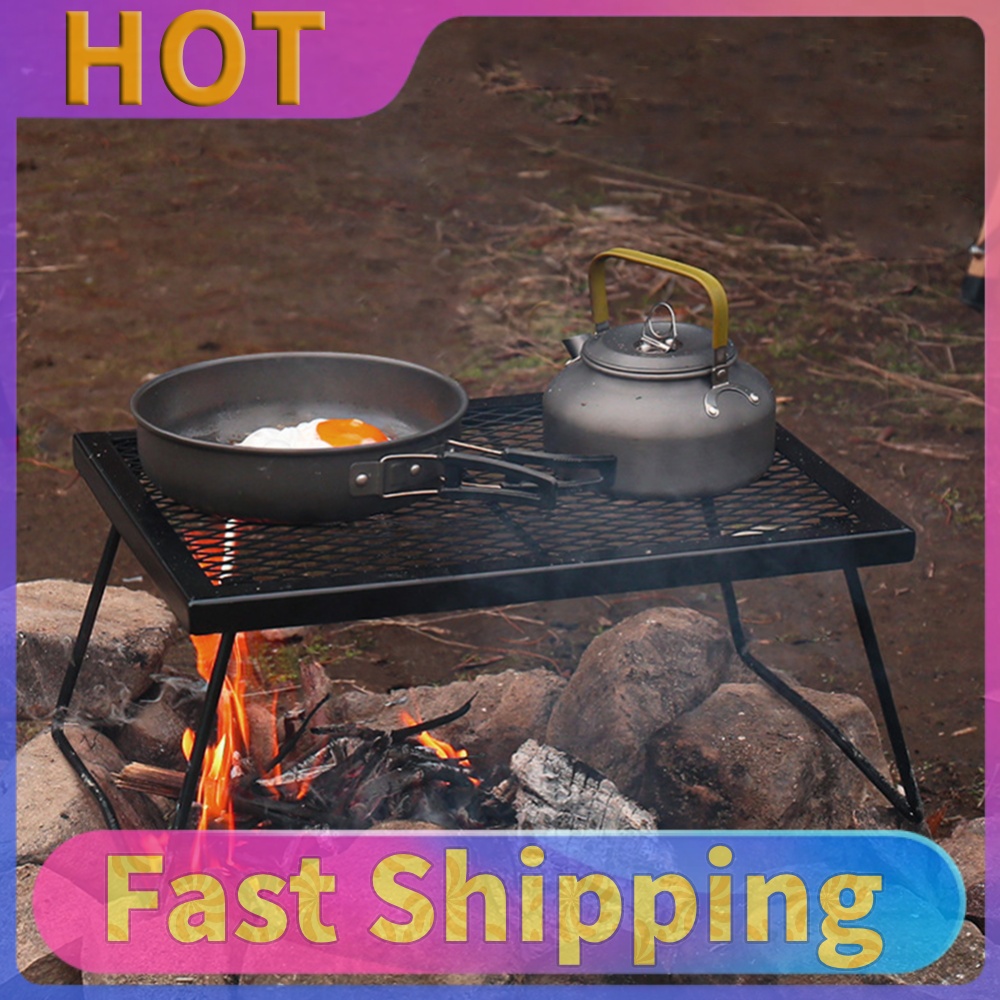 Camping Cooking Over Fire - ตะแกรงย่างสำหรับกองไฟแบบพับได้ ทนทาน ใช้กับเตาไฟกลางแจ้ง เหมาะสำหรับตั้งแคมป์ ปิ้งย่าง บาร์บีคิว