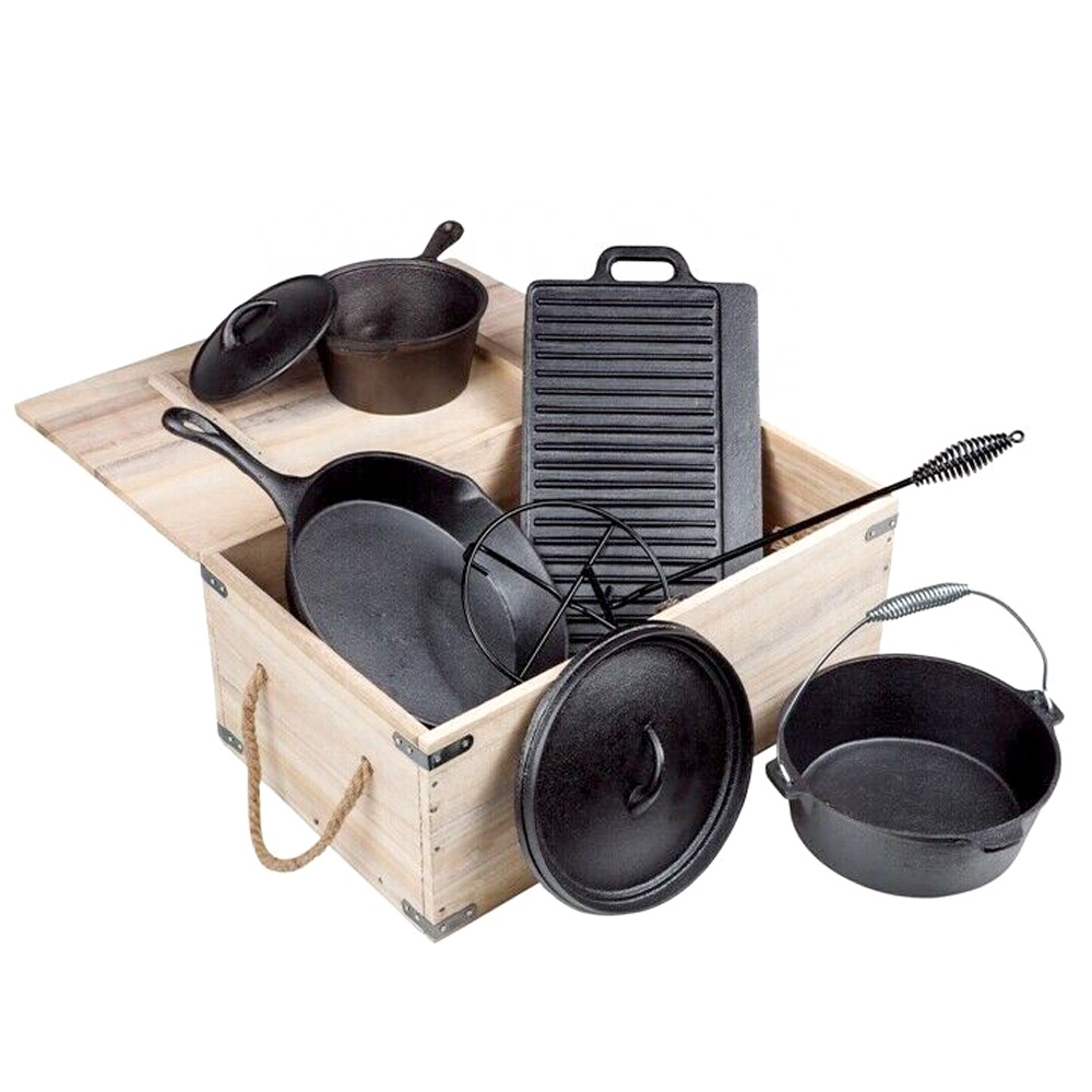 Camping Cooking Dutch Oven - ชุดหม้อเหล็กหล่อสำหรับทำอาหารกลางแจ้งแบบหนัก 7 ชิ้น พร้อมกล่องไม้ สำหรับทำบาร์บีคิว ปรุงอาหารกลางแจ้ง