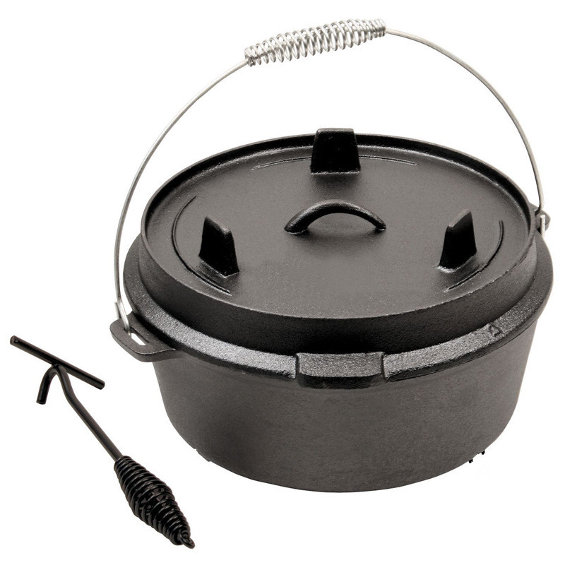 Camping Cooking Dutch Oven - ฝาปิดหม้อเหล็กหล่อสำหรับตั้งแคมป์, หม้อขนาด25ซม. สำหรับใช้ยกฝาหม้อเหล็กสำหรับทำอาหารตั้งแคมป์ของอบบาร์บีคิว4QT