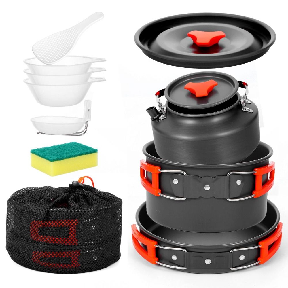 Camping Cooking Set Non Stick - ชุดเครื่องครัวแคมป์ปิ้งอลูมิเนียมอัลลอยด์ เคลือบสารกันติด พกพาสะดวก ชุดทำอาหารกลางแจ้ง พับเก็บได้ ชุดภาชนะสำหรับเดินทาง