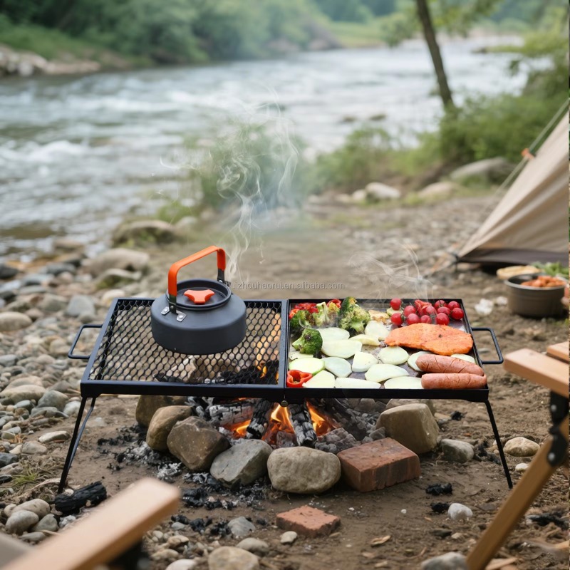 Camping Cooking Over Fire - ตะแกรงย่างพับได้สำหรับตั้งแคมป์กลางแจ้ง ใช้กับเตาไฟ