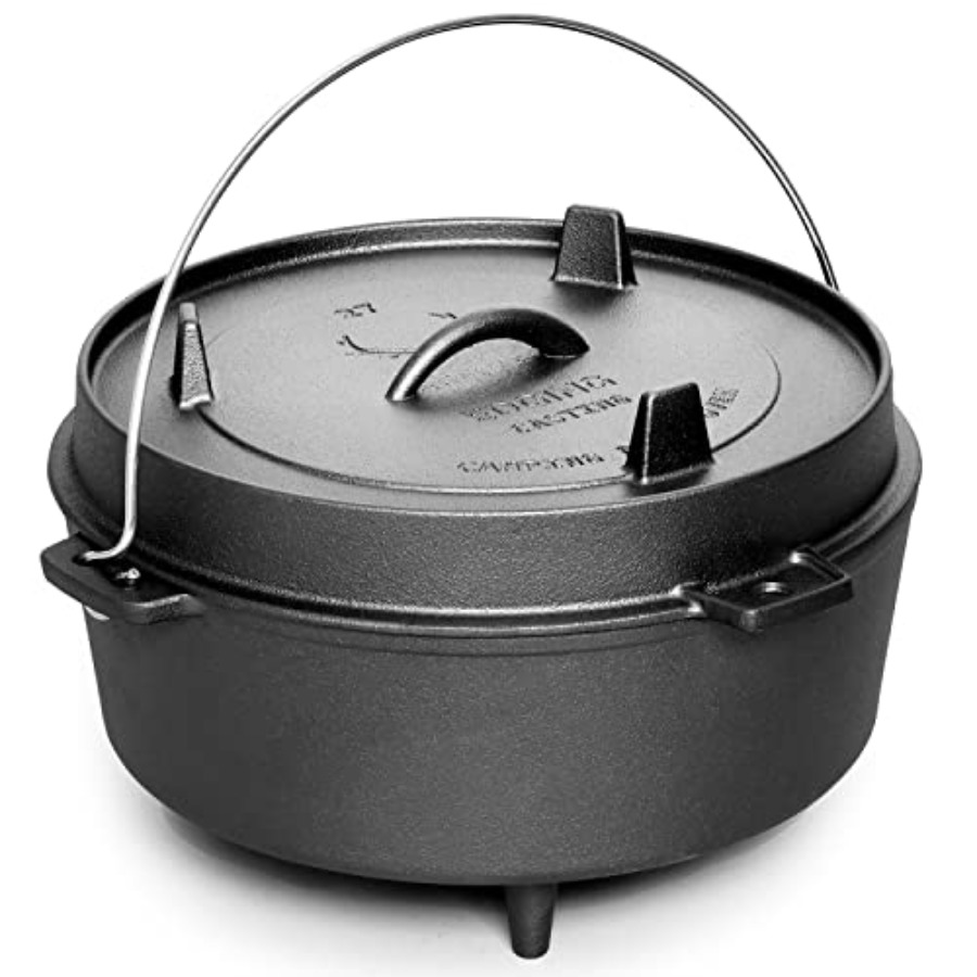 Camping Cooking Dutch Oven - หม้อเหล็กหล่อเคลือบพร้อมฝาปิดแบบกระทะ สำหรับตั้งแคมป์กลางแจ้ง ใช้กับเตาไฟ ทำอาหาร ปิ้งย่าง อบขนม