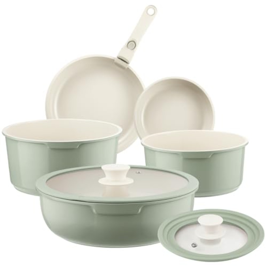 Camping Cooking Set Detachable Handle - ชุดหม้อและกระทะเซรามิกเคลือบกันติด สีเขียว 8 ชิ้น ชุดเครื่องครัวเคลือบกันติดพร้อมด้ามจับถอดได้ สำหรับรถบ้าน