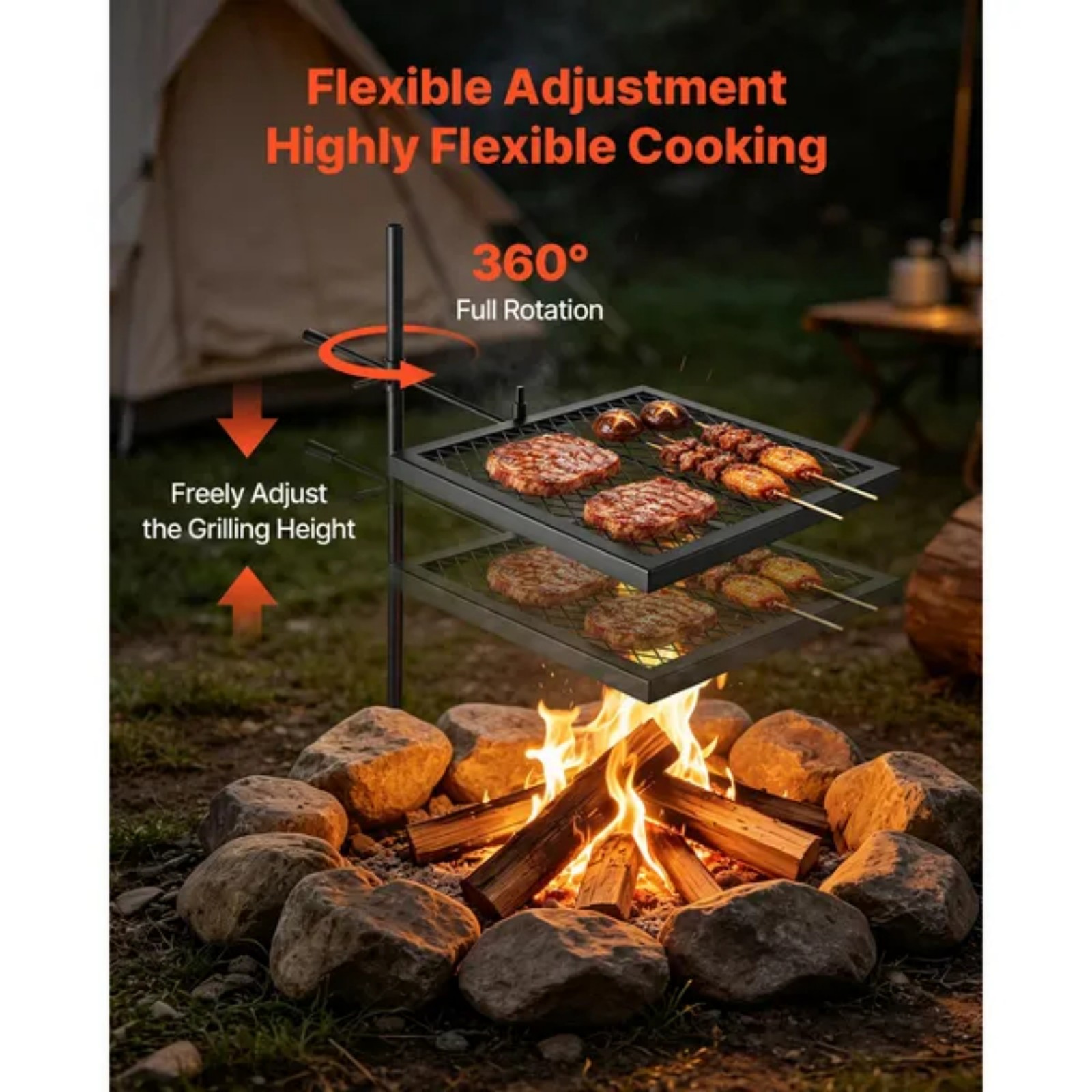 Camping Cooking Over Fire - เตาย่างแบบหมุนสำหรับแคมป์ปิ้งแบบพกพาขนาด 16 นิ้ว, ตะแกรงย่างเหล็กแข็งแรงทนทาน, หมุนได้ 360