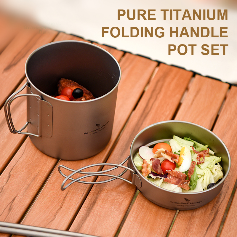 Camping Cooking Frying Pan - ชุดหม้อด้ามจับพับได้ไทเทเนียมบริสุทธิ์, แบบพกพาน้ำหนักเบาเป็นพิเศษ, แคมป์ปิ้งกลางแจ้ง, ปิกนิก, ท่องเที่ยว, กระทะ,
