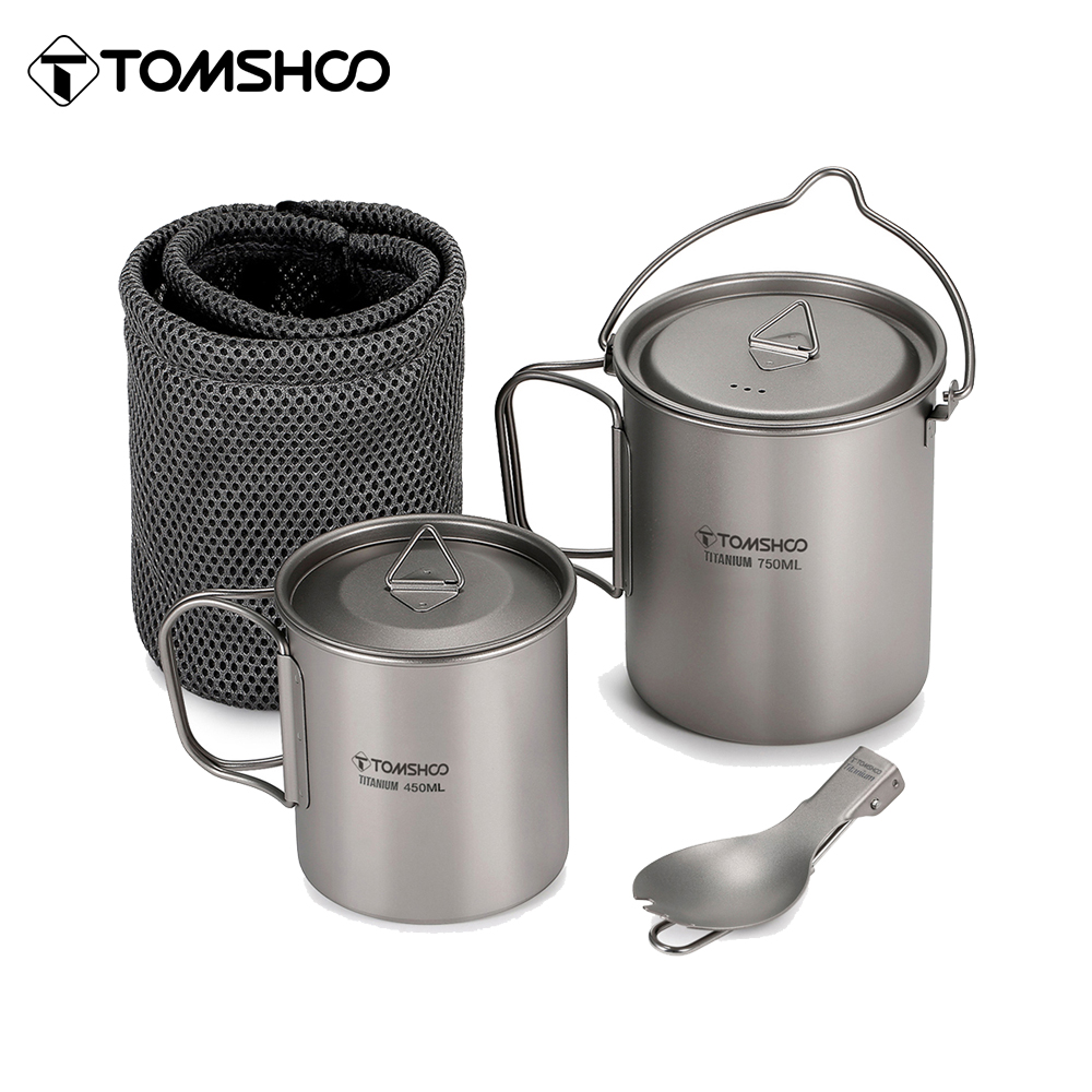 Camping Cooking Full Set - Tomshoo 3 PCS ชุดเครื่องครัวไทเทเนียม Ultralight 750ml