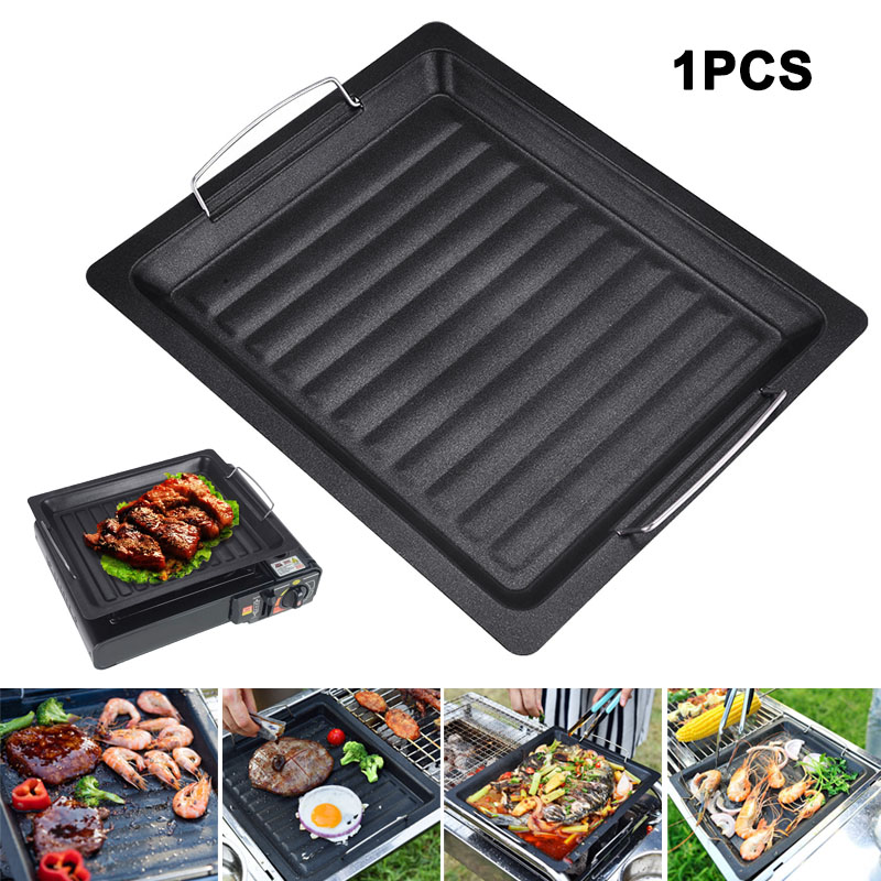 Camping Cooking Griddle - กระทะย่างทรงสี่เหลี่ยมหนาสำหรับใช้งานกลางแจ้ง พร้อมหูจับสองข้าง กระทะย่างเคลือบกันติดแบบพกพา ถาดอบสำหรับทำบาร์บีคิว แคมป์ปิ้ง และทำอาหาร