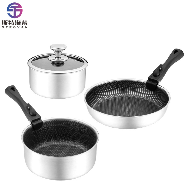 Camping Cooking Set Detachable Handle - ชุดเครื่องครัวสแตนเลส 3 ชั้น 6 ชิ้น แบบไฮบริดเคลือบสารกันติดแบบรังผึ้ง