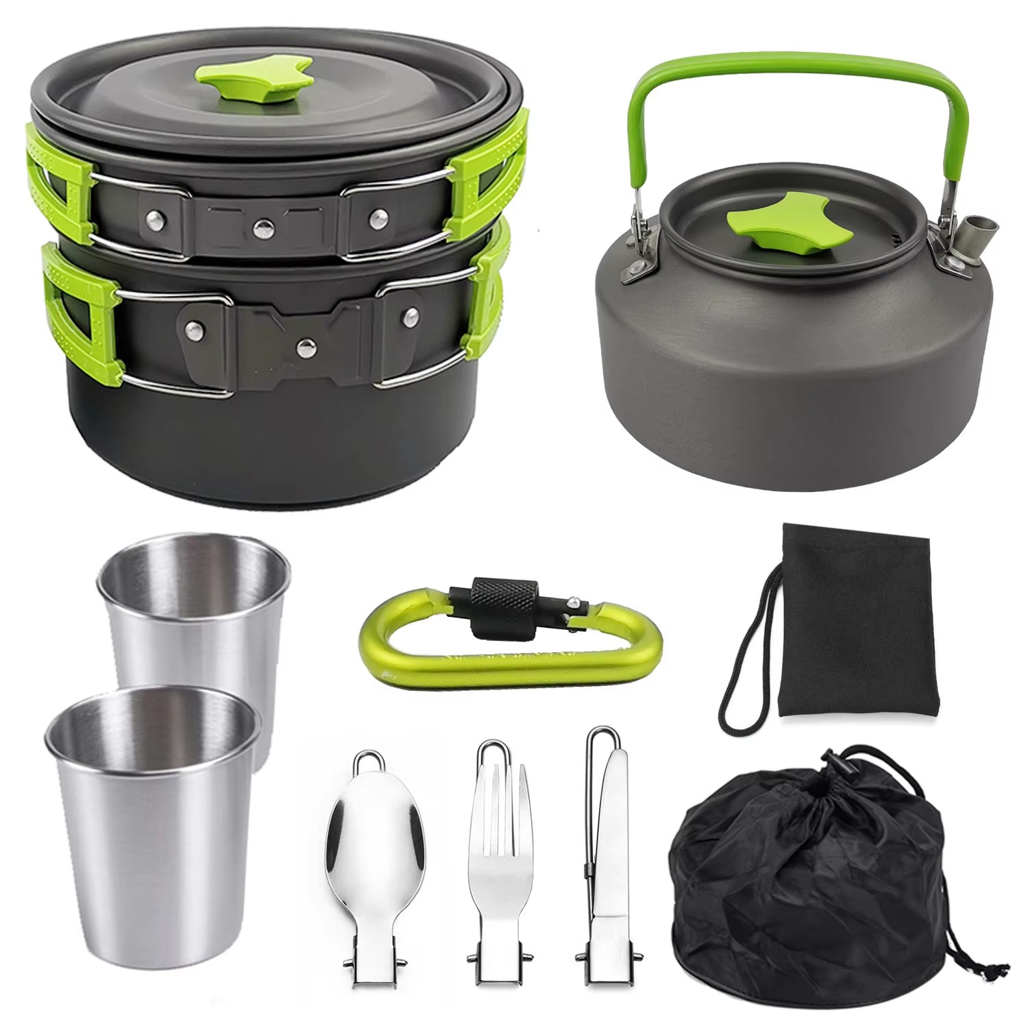 Camping Cooking Set Non Stick - ชุดทำอาหารสำหรับตั้งแคมป์ ชุดเครื่องครัวสำหรับเดินทาง ชุดภาชนะสำหรับปิกนิกกลางแจ้ง กาน้ำชาสำหรับ 2-3 คน