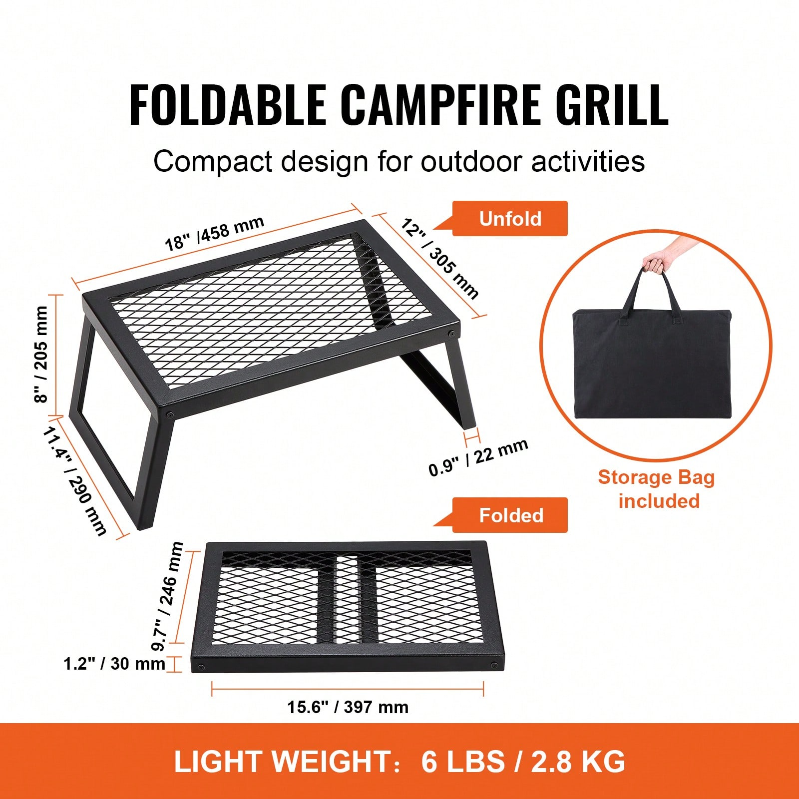 Camping Cooking Over Fire - ตะแกรงย่างพับได้/หมุนได้สำหรับเตาไฟแคมป์ปิ้ง, ตะแกรงเหล็กแข็งแรงทนทาน, ขนาด 22.4