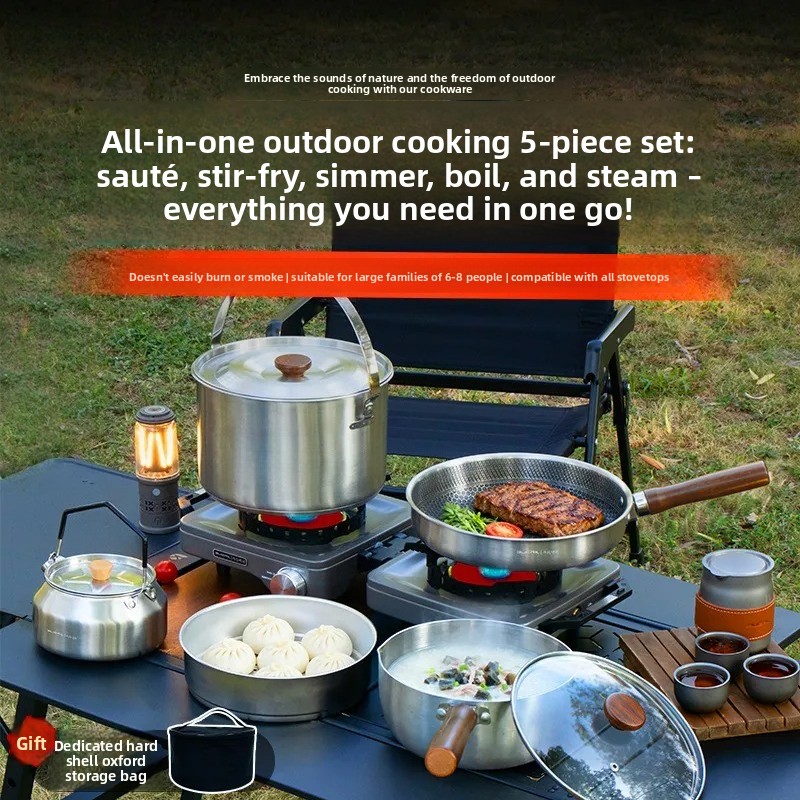 Camping Cooking Frying Pan - ชุดเครื่องครัวแคมป์ปิ้งแบบพกพา เตาแก๊สแบบพกพาอเนกประสงค์ หม้อต้มน้ำ กระทะทอด ชุดอุปกรณ์ทำอาหารกลางแจ้ง
