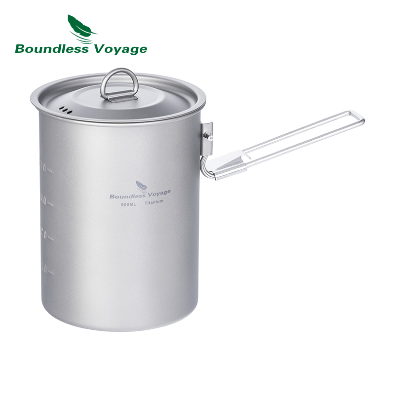 Camping Cooking Kit - Boundless Voyage 900ml หม้อไทเทเนียมถ้วย Camping เครื่องครัวชามน้ําหนักเบาพร้อมที่จับพับและฝาปิดกลางแจ้งแบบพกพาชุดทําอาหาร