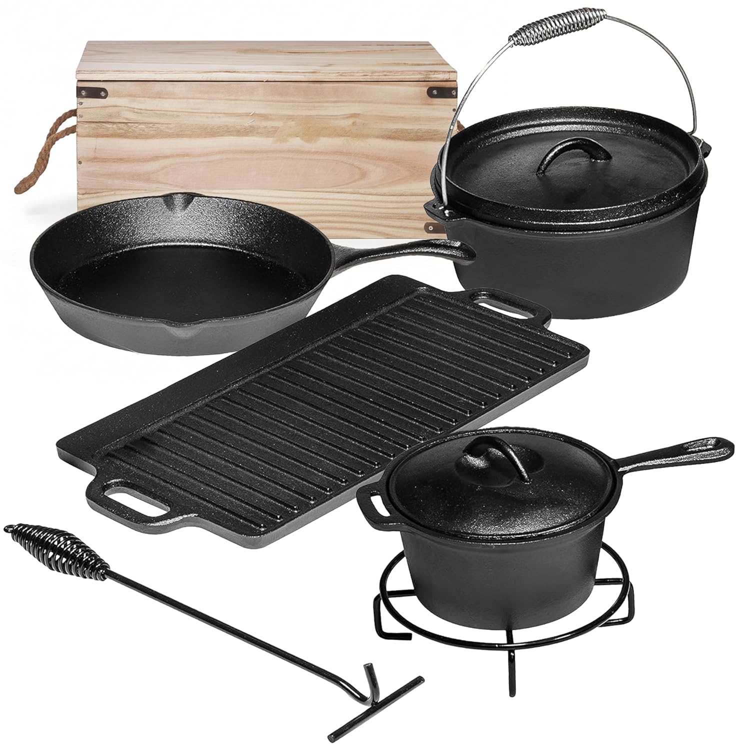 Camping Cooking Dutch Oven - ชุดอุปกรณ์ทำอาหารสำหรับตั้งแคมป์ 7 ชิ้น หม้อและกระทะเหล็กหล่อเคลือบผิวพร้อมฝาปิดสำหรับใช้กับเตาไฟกลางแจ้ง เครื่องครัวสำหรับย่าง