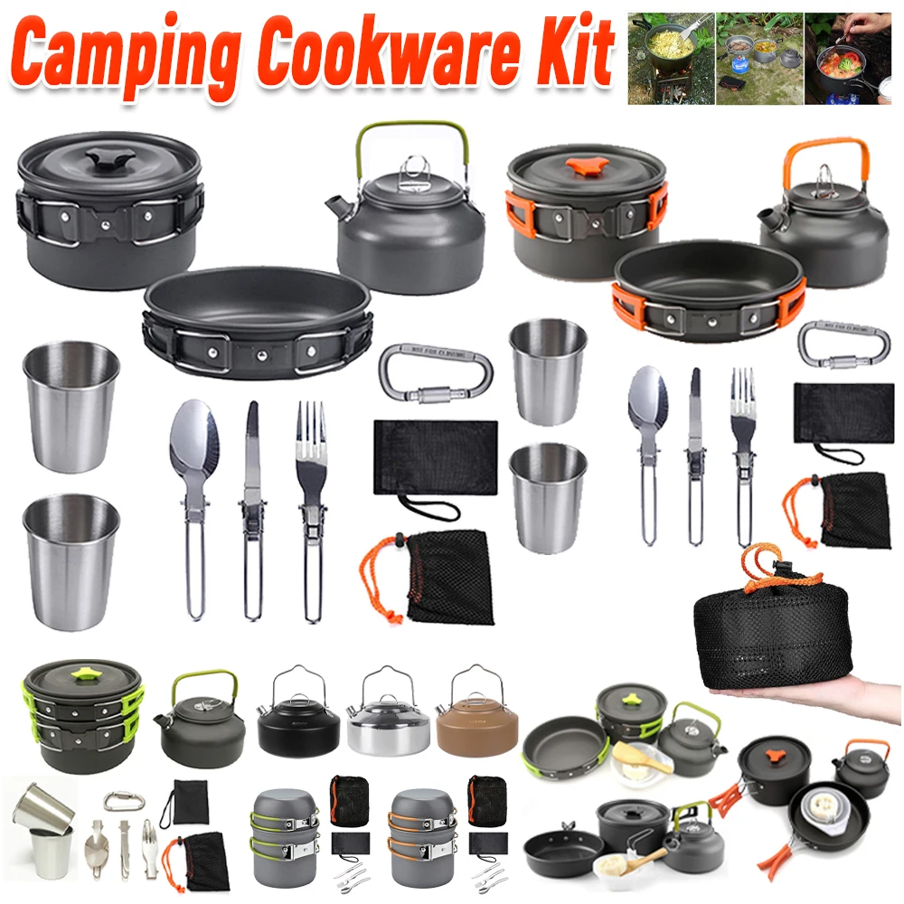 Camping Cooking Kit - ชุดเครื่องครัวสำหรับตั้งแคมป์ กาต้มน้ำ หม้อ กระทะ ชุดเครื่องครัวแบบพกพา น้ำหนักเบา