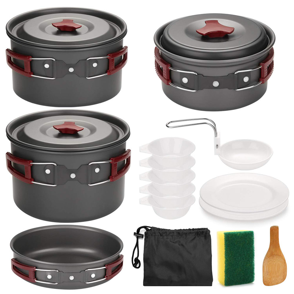 Camping Cooking Set Non Stick - ชุดเครื่องครัวตั้งแคมป์กลางแจ้ง Non Stick Camping Pan กระทะน้ําหนักเบาชุดทําอาหารกระทะและหม้อสําหรับเดินป่าเดินป่าปิคนิค