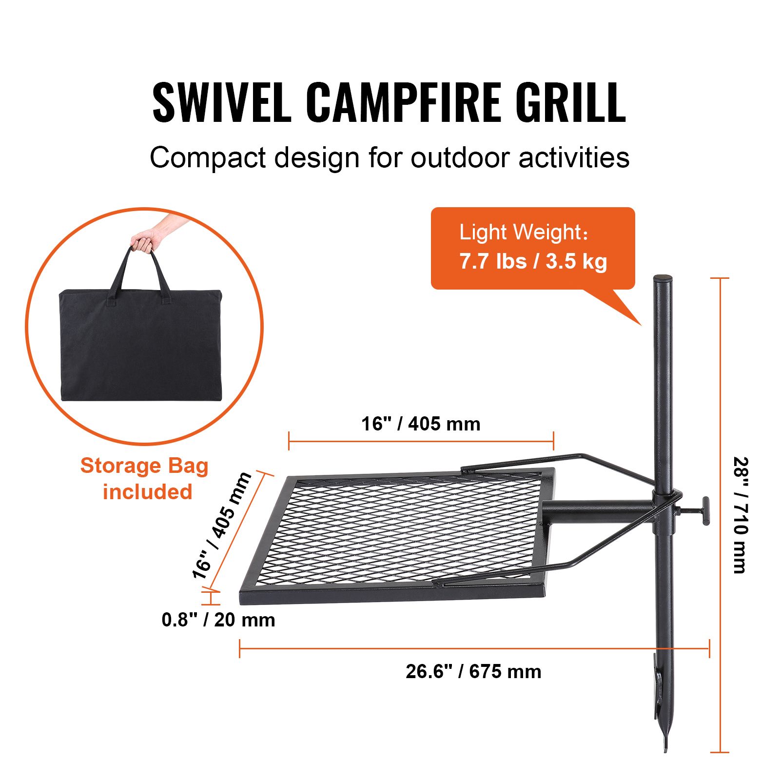 Camping Cooking Over Fire - เตาย่างแบบหมุนได้สำหรับกองไฟ, ตะแกรงย่างสำหรับเตาไฟ, ตะแกรงย่างเหล็กสำหรับงานหนัก, หมุนได้ 360 องศา