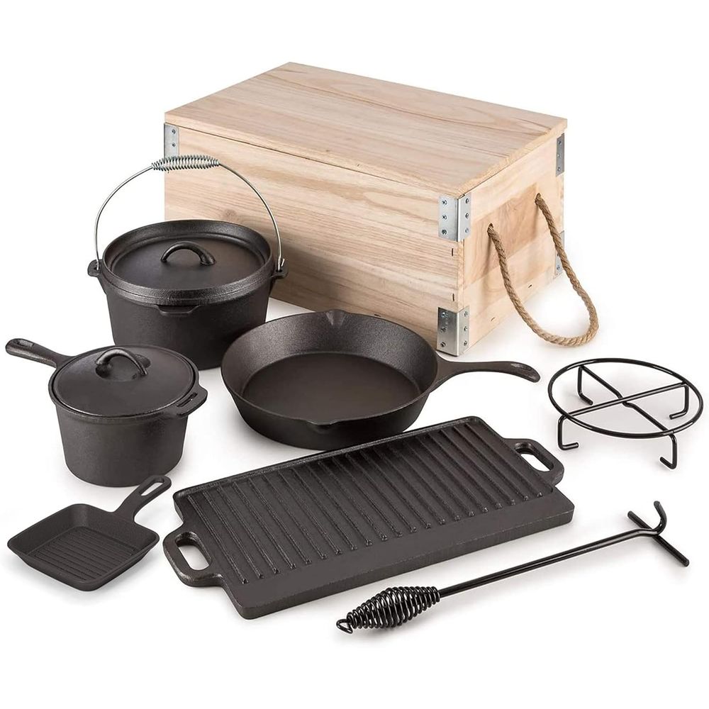 ชุดเครื่องครัวเหล็กหล่อ 8 ชิ้น - Camping Cooking Dutch Oven บทวิจารณ์และราคา